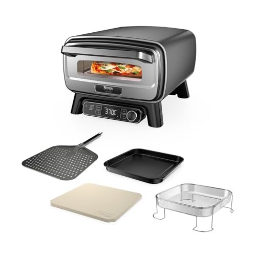 Ninja Artisan Electric Outdoor Pizza Oven & Air Fryer, 4 Functions: Pizza, Air Fry, Bake & Prove, 5 Pizza Settings, Includes 12-Inch Pizza Stone, Pizza Peel, Baking Tray & Air Fry Basket, Grey Mo201uk