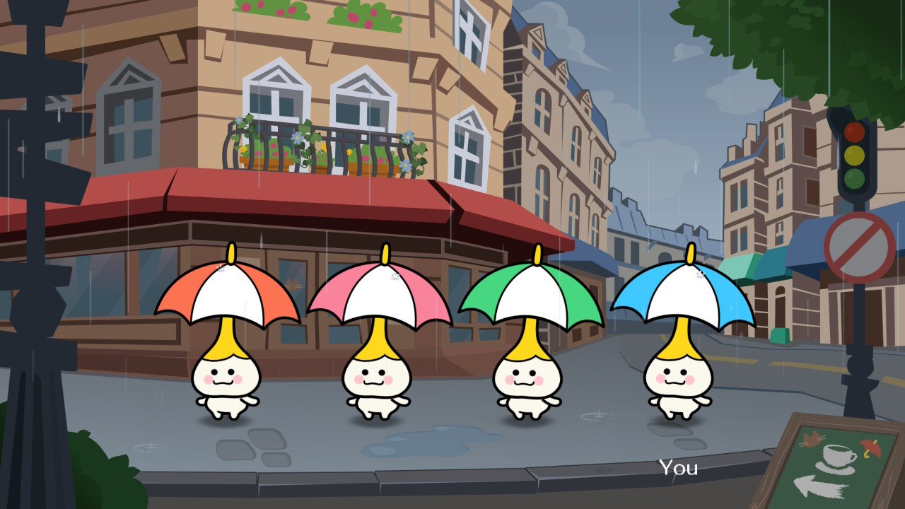 Little creatures with umbrellas on their heads line up in Rhythm Heaven Groove